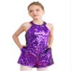 renvena Kids Girls Halter Neck Sequins Sleeveless Leotard Ballet Jazz Latin Dance Jumpsuit Bodysuit Purple 10-12 view 3