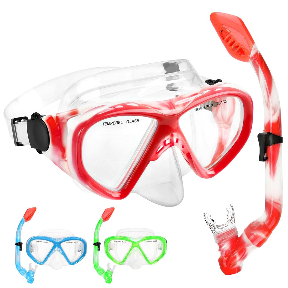 Kids Snorkel Set Dry Top Snorkeling Gear for Kids Youth Boys Girls Junior Age 5-15,Tempered Glass Swimming Diving Mask and Snorkel Set 180 Degree Panoramic View (Red)