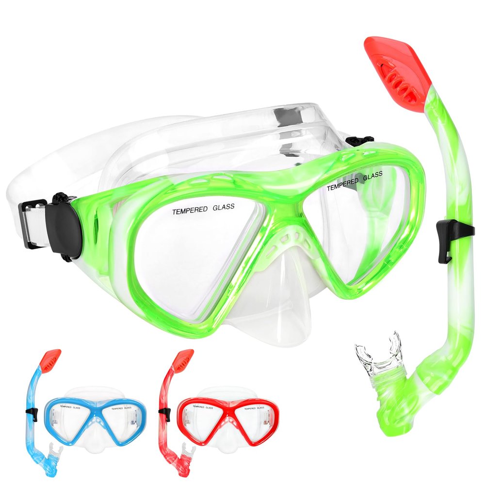 Kids Snorkel Set Dry Top Snorkeling Gear for Kids Youth Boys Girls Junior Age 5-15,Tempered Glass Swimming Diving Mask and Snorkel Set 180 Degree Panoramic View (Green)