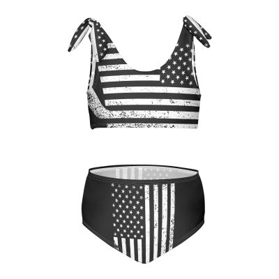 Aflyko 4th of July Girls' Swimwear Stars Stripes Hockey Stick 2-Piece Bikini Set Summer Swimsuit Vacation Bathing Suit Hawaii Beachwear Water Sport Independence Day Tankini Set 9-10T