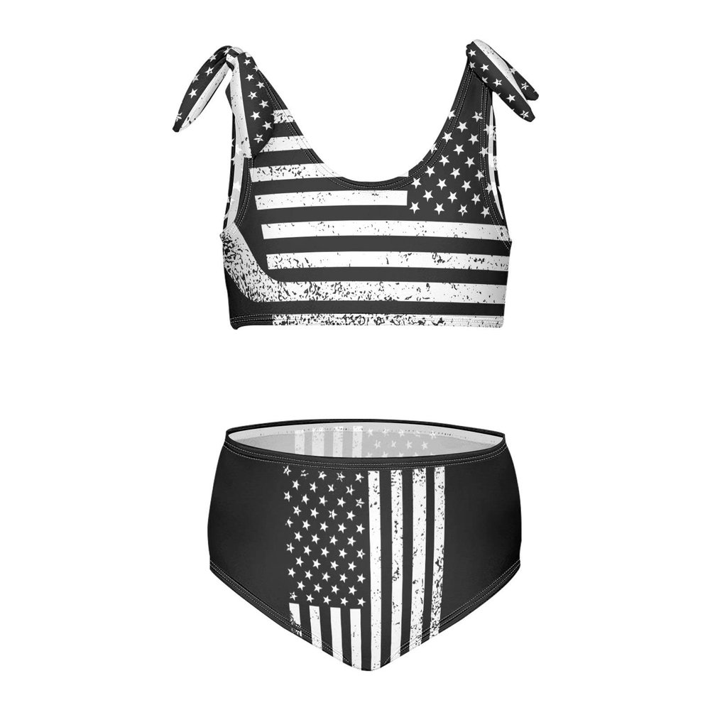 Aflyko 4th of July Girls' Swimwear Stars Stripes Hockey Stick 2-Piece Bikini Set Summer Swimsuit Vacation Bathing Suit Hawaii Beachwear Water Sport Independence Day Tankini Set 9-10T
