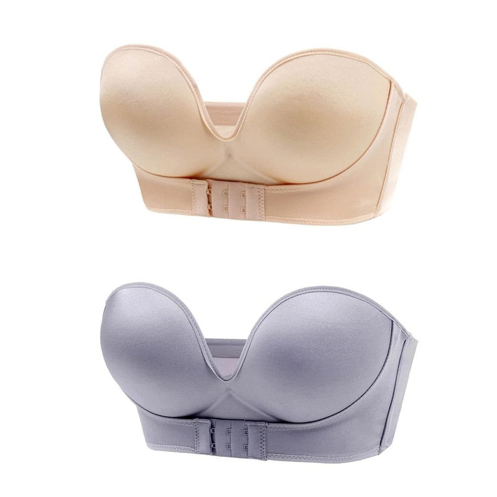 Women Wireless Non-Slip Invisible Front Hook Underwear Bra, Strapless Pushup Bras Front Buckle Lift Bra (2PCS-A,38E)