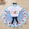 Alice In Onederland 1st Birthday Girl Outfit Baby I'm One Year Old Party Cake Smash It's My First Birthday Party Dress Infant Romper Princess Tutu Skirt Bowknot Headband Photo Shooting Set Light Blue view 2