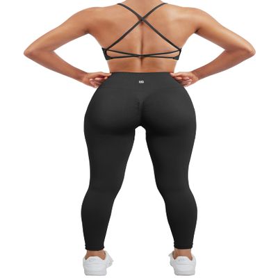 SUUKSESS Women Seamless 2 piece Workout Sets Strappy Padded Sports Bra Booty High Waisted Leggings Outfits (Black,M)