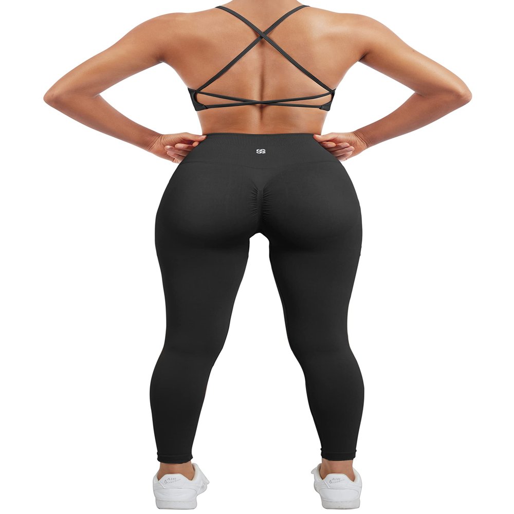 SUUKSESS Women Seamless 2 piece Workout Sets Strappy Padded Sports Bra Booty High Waisted Leggings Outfits (Black,M)