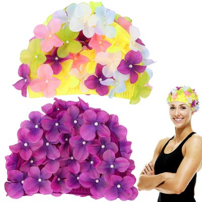 Flower Swim Cap 2Pcs Handmade Women Floral Petal Swim Hats Vintage Bathing Caps Three-Dimensional Petals Vacation Accessories for Girls and Short Hair