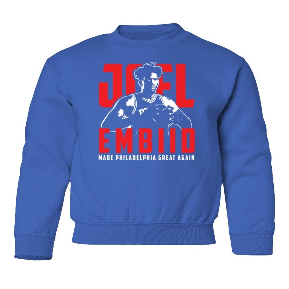Embiid Make Philadelphia Great Again 2023 Basketball Youth Crewneck Sweatshirt (Royal, Youth Large)