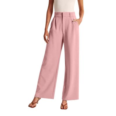 Solid Color Wide Leg Pants for Women Casual High Waisted Dress Pants Loose Fit Work Business Trousers (Pink, M)