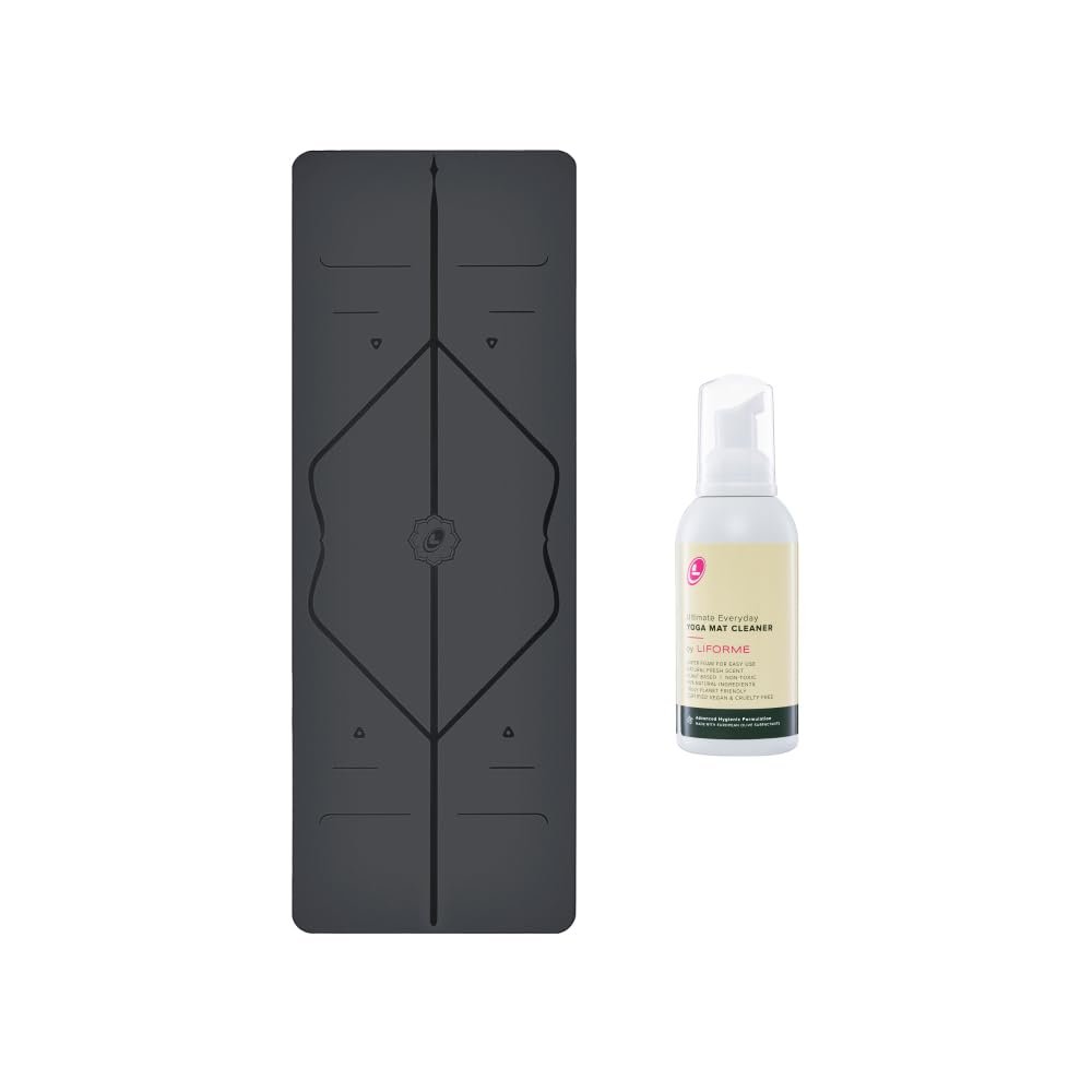 LIFORME Original Yoga Mat & Ultimate Everyday Yoga Mat Cleaner- Bundle Pack  Patented Alignment System, Eco-Friendly, Non-Slip Warrior-Grip, Thick, Sweat Resistant, Comfortable - Grey