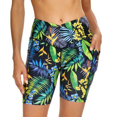Cagola Swim Board Shorts Women 7" Swimwear Tummy Control Swimming Shorts Cross High Waisted Swimsuit Bottoms Green Leaf 3X-Large