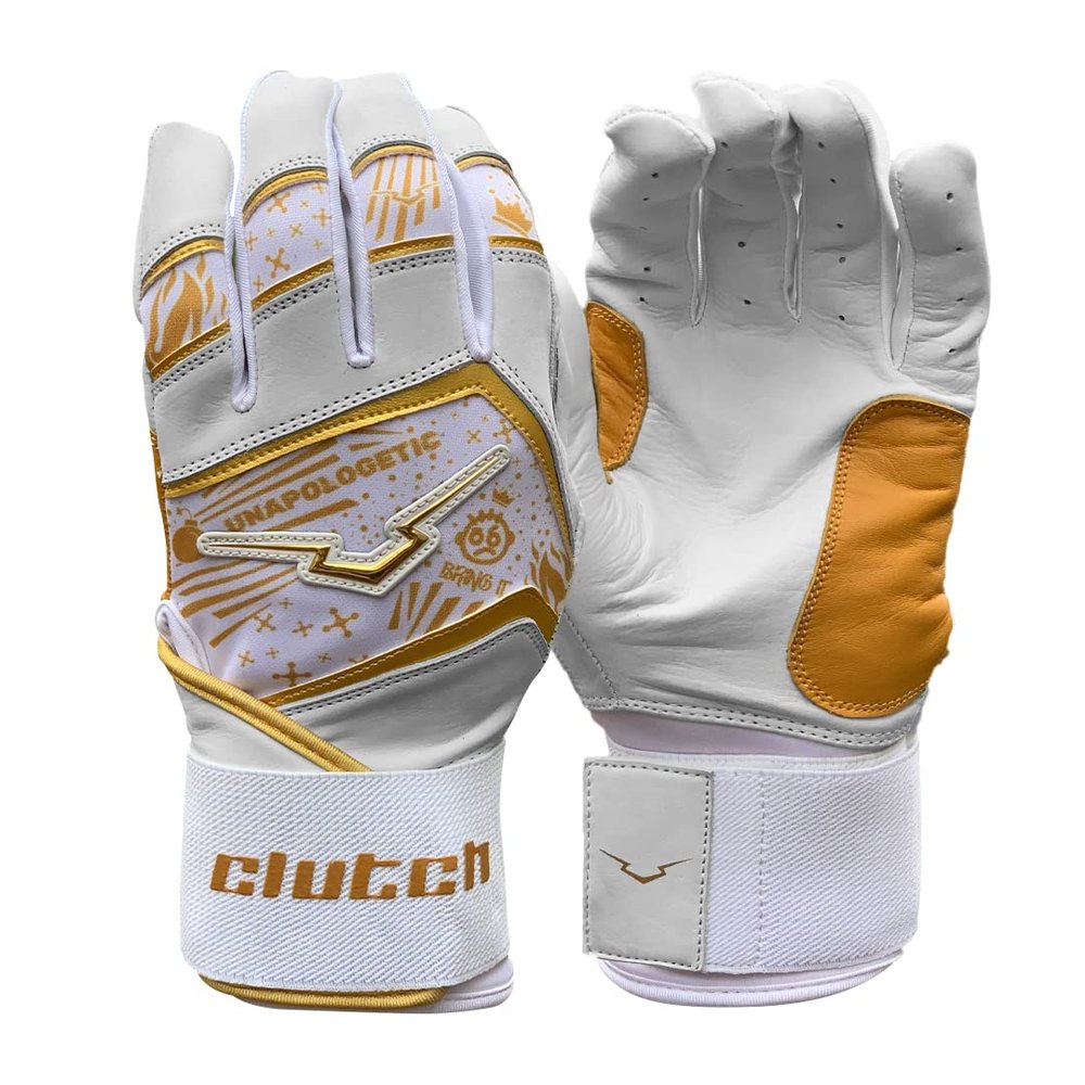 Clutch Sports Apparel Unapologetic Pro Series Batting Gloves, Cabretta Leather, All-Weather Design for Baseball & Softball, Padded Stylish Fit for Adults & Youth (White/Gold, X-Large)