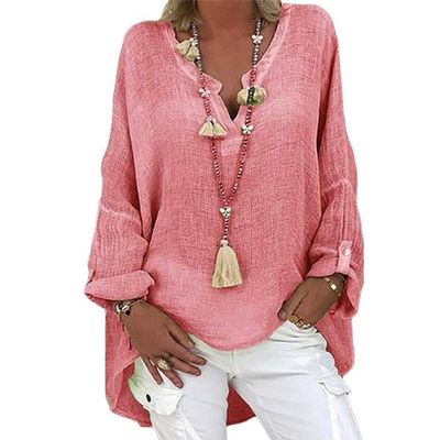 Cotton Linen Shirts for Women Summer Loose Fit Long Sleeve Blouse Plus Size Casual Beach Oversized Shirt Plain Tunic Tops B-Pink
