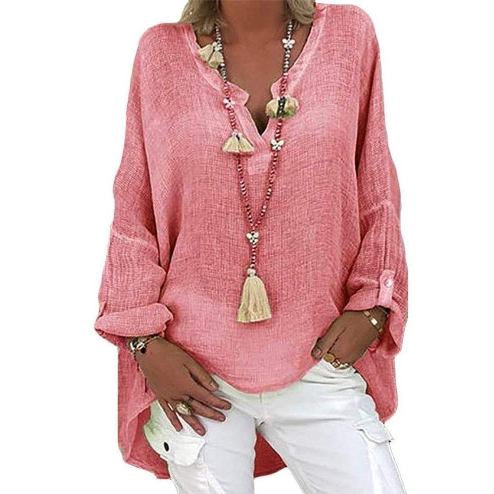 Cotton Linen Shirts for Women Summer Loose Fit Long Sleeve Blouse Plus Size Casual Beach Oversized Shirt Plain Tunic Tops B-Pink