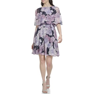 Jessica Howard Womens Clip Chiffon Fit & Flare Sleeveless - Guest of Wedding Casual Night Out Dress, Navy/Lilac, 8 US