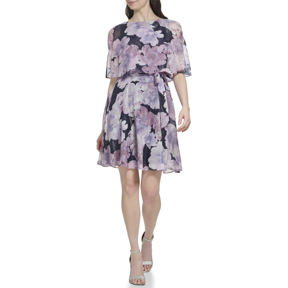 Jessica Howard Womens Clip Chiffon Fit & Flare Sleeveless - Guest of Wedding Casual Night Out Dress, Navy/Lilac, 8 US