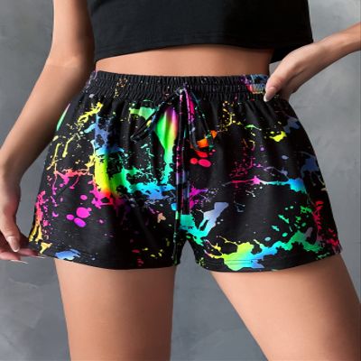 PROPFE Shorts for Women Shorts Women's Shorts Splash Ink Print Tie Waist Shorts Shorts (Color : Multicolor, Size : Large)