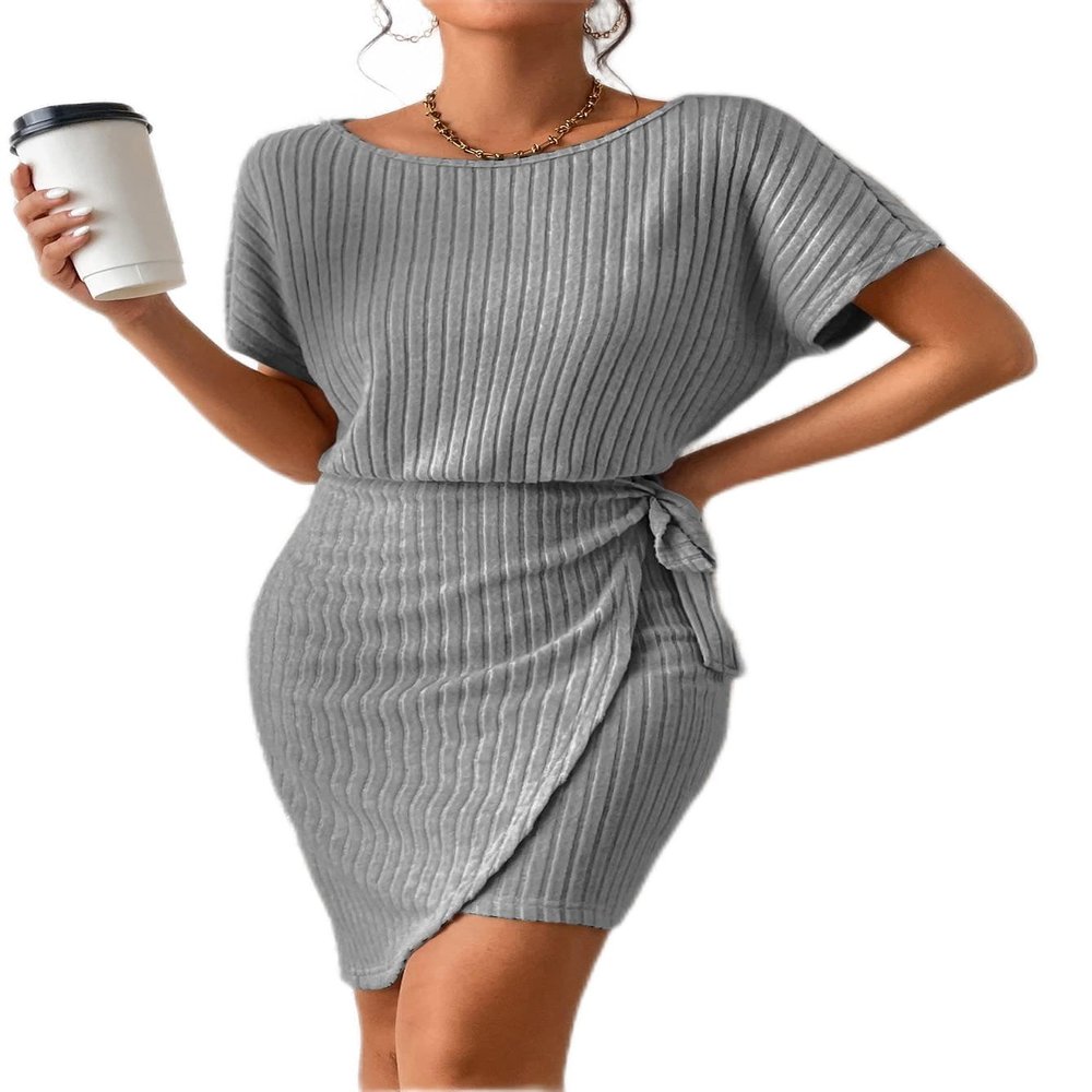 2023 Women's Dresses Batwing Sleeve Knot Side Wrap Hem Dress Women's Dresses (Color : Gray, Size : Medium)