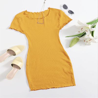 TIORU Women's Dress Lettuce Trim Rib-Knit Bodycon Dress (Color : Mustard Yellow, Size : X-Large)