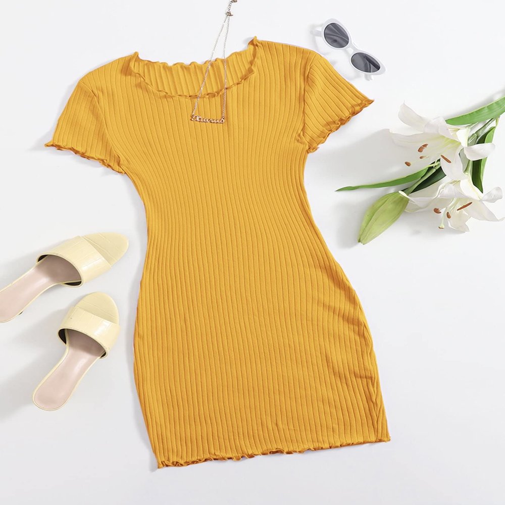 TIORU Women's Dress Lettuce Trim Rib-Knit Bodycon Dress (Color : Mustard Yellow, Size : X-Large)