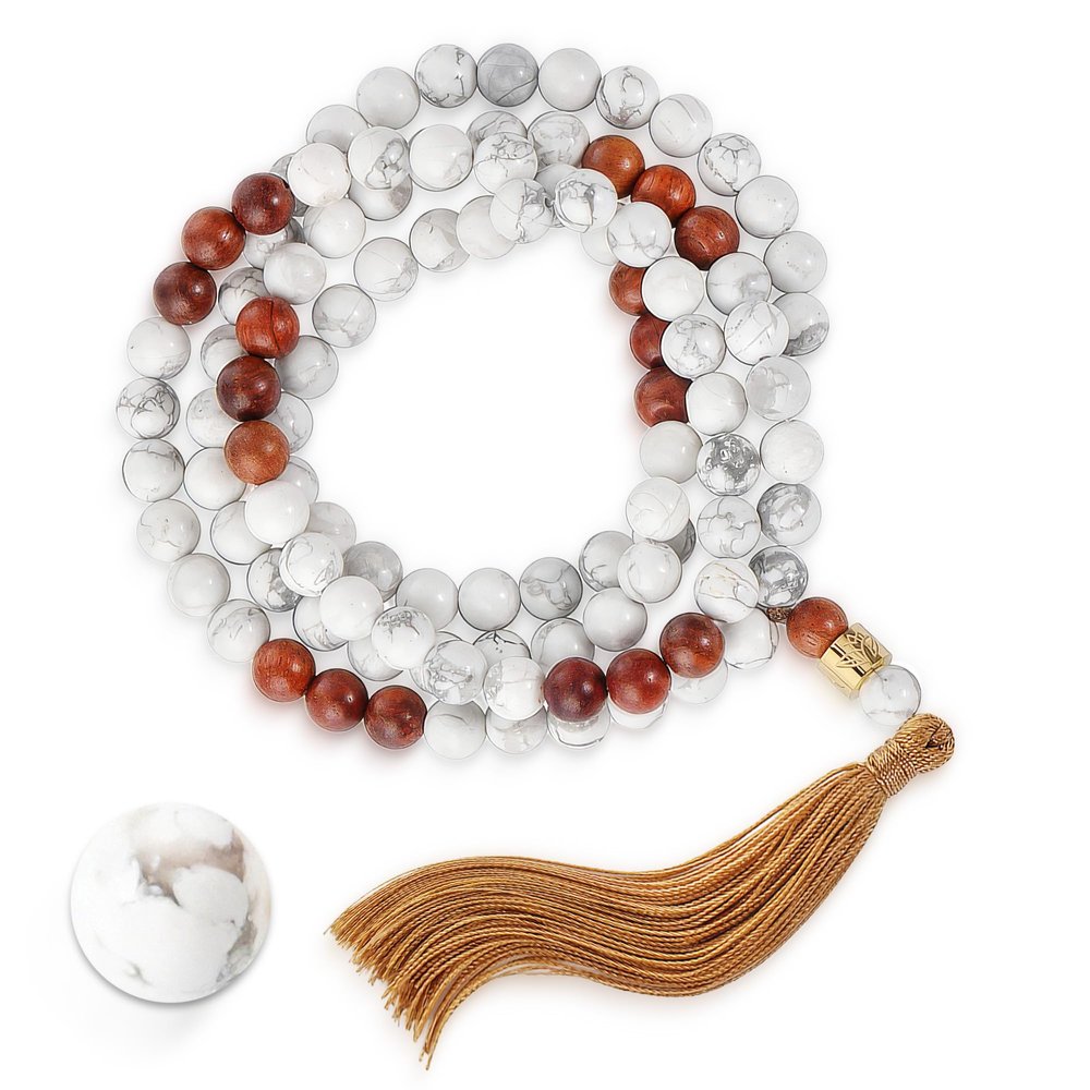 108 Mala Beads Bracelet Natural Healing Crystal Stone Mala Prayer Bead Necklace Sandalwood Elastic Gemstone Jewelry for Men Women Buddhist prayer beads bracelet (White Howlite Wood)