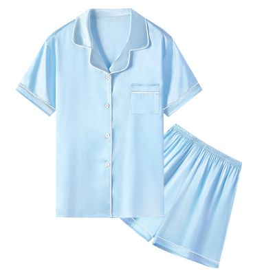 Umeyda Satin Pajamas for Girls, Kids Button Down Silk PJS Set Sleepwear Short Sleeves Loungewear, Blue Sky, 7-8 Years = Tag 140