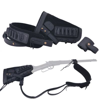 Leather Gun Buttstock Cheek Rest Pad with Matched Sling and Loops, No Drill/No Mounts Needed (Black (.357 .30-30 .38), Righty Handed)