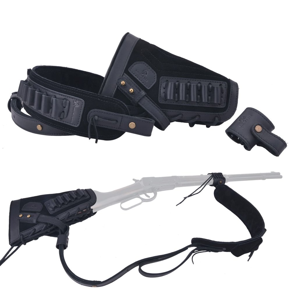 Leather Gun Buttstock Cheek Rest Pad with Matched Sling and Loops, No Drill/No Mounts Needed (Black (.357 .30-30 .38), Righty Handed)