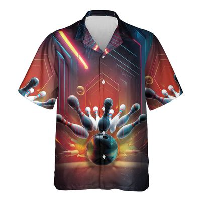 Fire Bowling Hawaiian Shirt for Men - Bowling Cruise Shirt, Button Down Shirt Short Sleeve (MP_Bowling_03) Size S