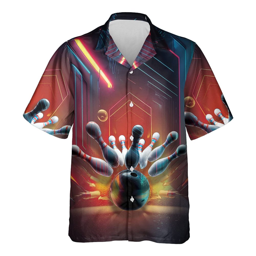 Fire Bowling Hawaiian Shirt for Men - Bowling Cruise Shirt, Button Down Shirt Short Sleeve (MP_Bowling_03) Size S