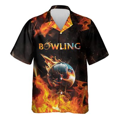 Fire Ball Hawaiian Shirt for Men - Bowling Cruise Shirt, Button Down Shirt Short Sleeve (MP_Bowling_05) Size L