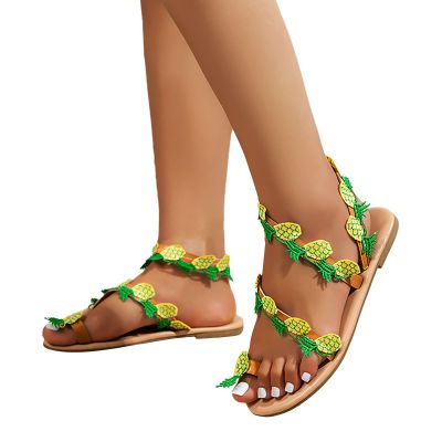 Hbeylia Fashion Boho Sandals Cute Pineapple Ring Toe Cross Strappy Bohemian Lace Sandals Women's Clip Toe Slip On Comfort Flat Sandals 2023 Summer Dressy Comfy Flip Flops