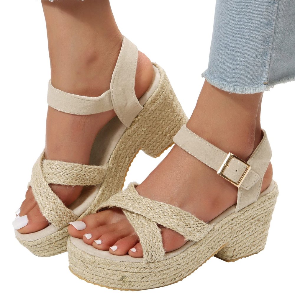 Hbeylia Sandals for Women Dressy Summer,Womens Espadrilles Crisscross Strappy Comfortable Ankle Strap Sandals with Arch Support Platform Wedge Chunky Bottom High Heel Walk Shoes for Wedding Party