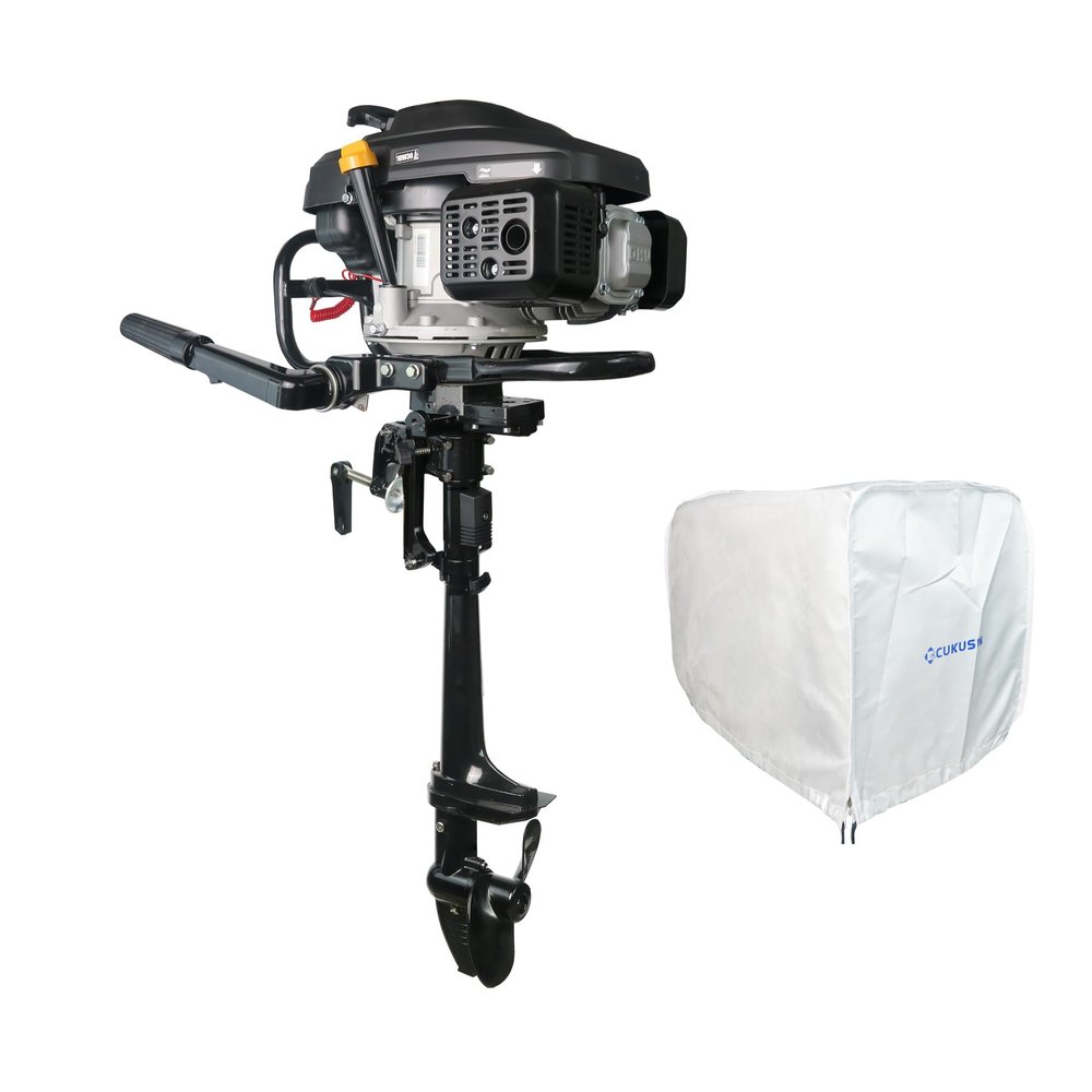 CUKUSIN 4 Stroke 7.5 HP Outboard Engine 196cc Air Cooling System Outboard Boat Motor with Luxury Handle, Kill Urgent Stop Switch, Outboard Engine Cover
