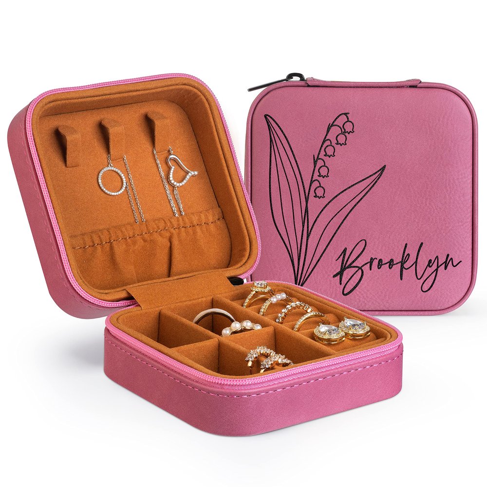 Custom Leather Jewelry Box w/Name & Birth Flower Month - Birthday Gifts for Women, Personalized Jewelry Travel Case - Customized Jewelry Organizer Box, Mom Birthday Gifts - Pink