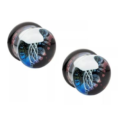 Pierced Owl Glass White Floating Jellyfish Double Flared Plugs, Sold As Pair (10mm (00GA))