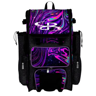 Boombah Rolling Superpack Baseball/Softball Gear Bag - Telescopic Handle - Holds 4 Bats - Wheeled Version - Supernova Black/Amethyst Orchid/White