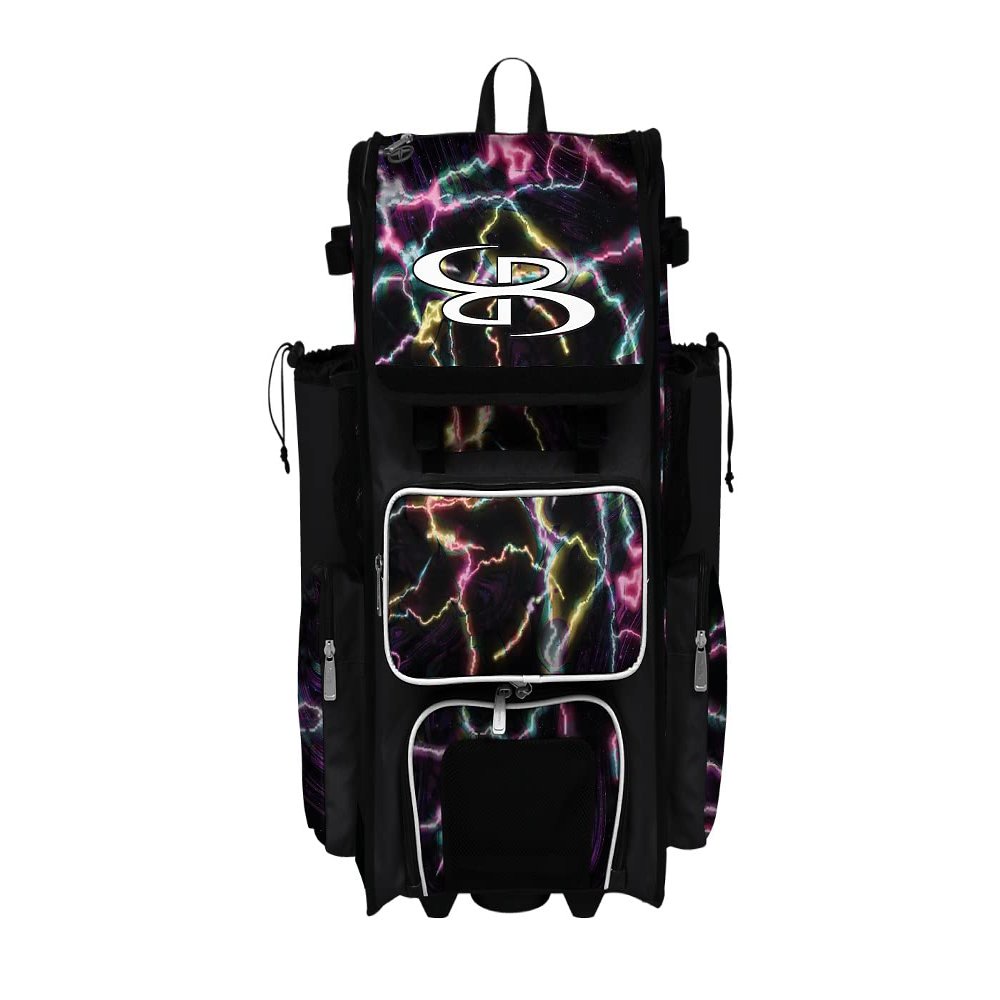 Boombah Rolling Superpack 2.0 Baseball/Softball Gear Bag - 23-1/2" x 13-1/2" x 9-1/2" - Telescopic Handle - Holds 4 Bats - Wheeled Version - Bolt Black/White/Yellow