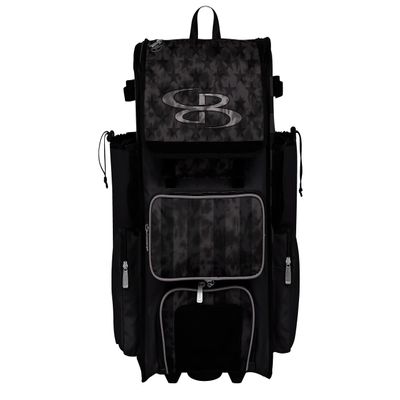 Boombah Rolling Superpack Baseball/Softball Gear Bag - 23-1/2" x 13-1/2" x 9-1/2" - Telescopic Handle - Holds 4 Bats - Wheeled Version - USA Defend Black/Steel