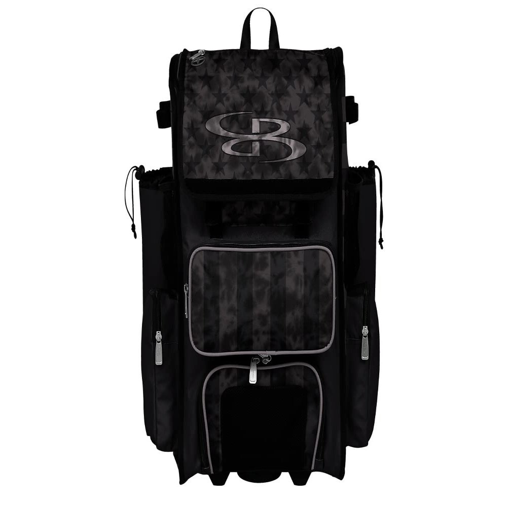 Boombah Rolling Superpack Baseball/Softball Gear Bag - 23-1/2" x 13-1/2" x 9-1/2" - Telescopic Handle - Holds 4 Bats - Wheeled Version - USA Defend Black/Steel