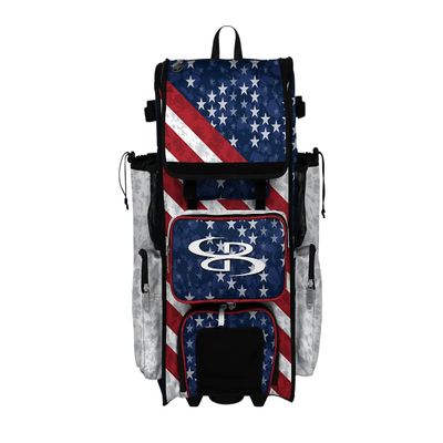 Boombah Rolling Superpack 2.0 Baseball/Softball Gear Bag - 23-1/2" x 13-1/2" x 9-1/2" - Telescopic Handle - Holds 4 Bats - Wheeled Version - USA United Navy/Red/White