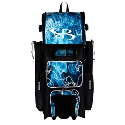 Boombah Rolling Superpack 2.0 Baseball/Softball Gear Bag - 23-1/2" x 13-1/2" x 9-1/2" - Telescopic Handle - Holds 4 Bats - Wheeled Version - The Natural 3.0 Black/White/Columbia Blue