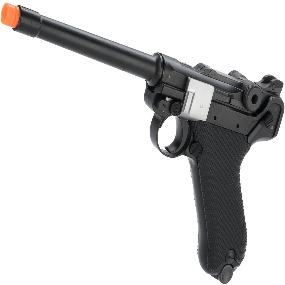 Evike Airsoft - AW Custom 6" Luger P08 Gas Blowback Airsoft Pistol (Color: Silver/Black)
