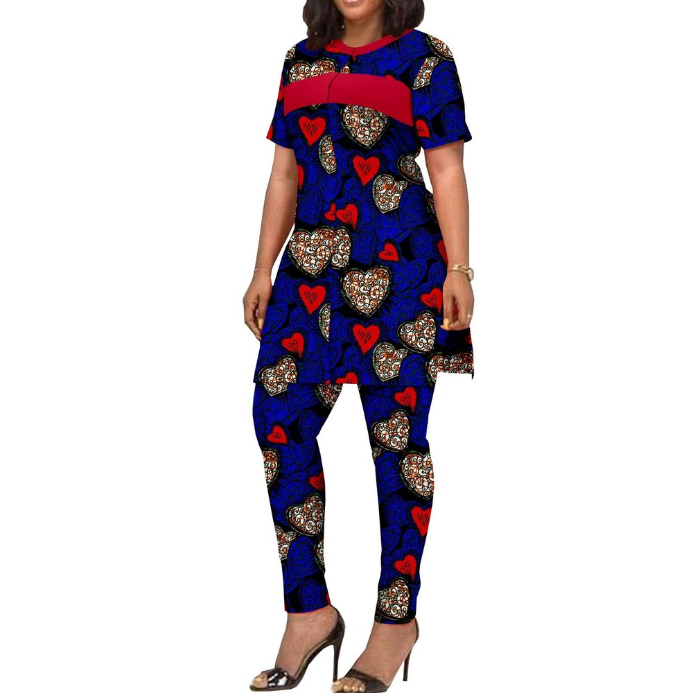 African Clothing for Women Short Sleeve Shirt and Print Pants 2 Piece Set Tracksuit Plus Size Dashiki Casual Outfit 647-3 XXL