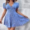 2023 Women's Dresses Allover Floral Print Puff Sleeve Dress Women's Dresses (Color : Blue, Size : X-Large) view 3