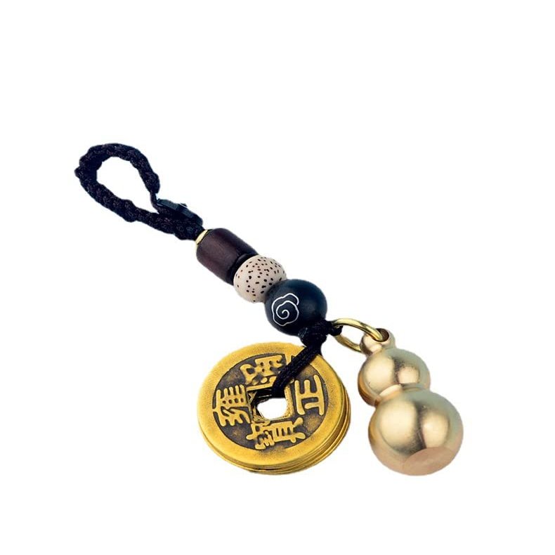 xiexuelian Pure Copper Gourd Keychain Five Emperors Money Keychain Lanyard Handmade Creative Copper Gourd Keychain hanging 1Pcs(-)