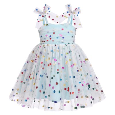 Baby Girls Sequin Polka Dot Tutu Dress Summer Sleeveless Backless Princess Birthday Party Dresses Toddler Little Girl First Communion Pageant Flower Bow Sundress Clothes Blue - Sequin Dot 2-3 Years