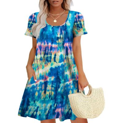 Sherosa Summer Dress for Women 2025 Vacation Sun Dresses Women Summer Casual Tie Dye(S,Royal Blue Tie Dye)