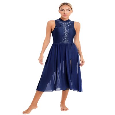FEESHOW Women's Sparkly Rhinestone Side Split Maxi Dresses Lyrical Dance Costume Contemporary Dancewear Mock Neck Navy Blue Medium