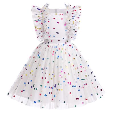 Flower Girls Sequin Polka Dot Tutu Dress for Kids Baby First Communion Birthday Party Wedding Dresses Princess Pageant Formal Baptism Ruffle Tulle Ball Gown White Rainbow Dots - Kids Dress 4-5 Years
