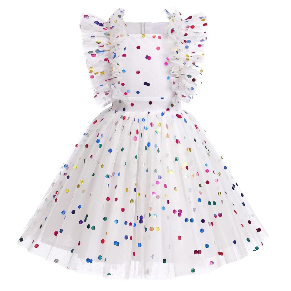 Flower Girls Sequin Polka Dot Tutu Dress for Kids Baby First Communion Birthday Party Wedding Dresses Princess Pageant Formal Baptism Ruffle Tulle Ball Gown White Rainbow Dots - Kids Dress 4-5 Years